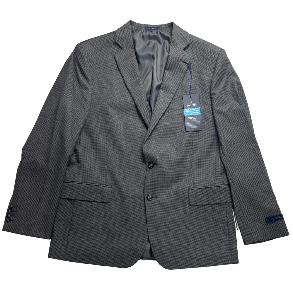 Stafford CoolMax EcoMade Gray Houndstooth Performance Wool Suit Jacket 46R NEW